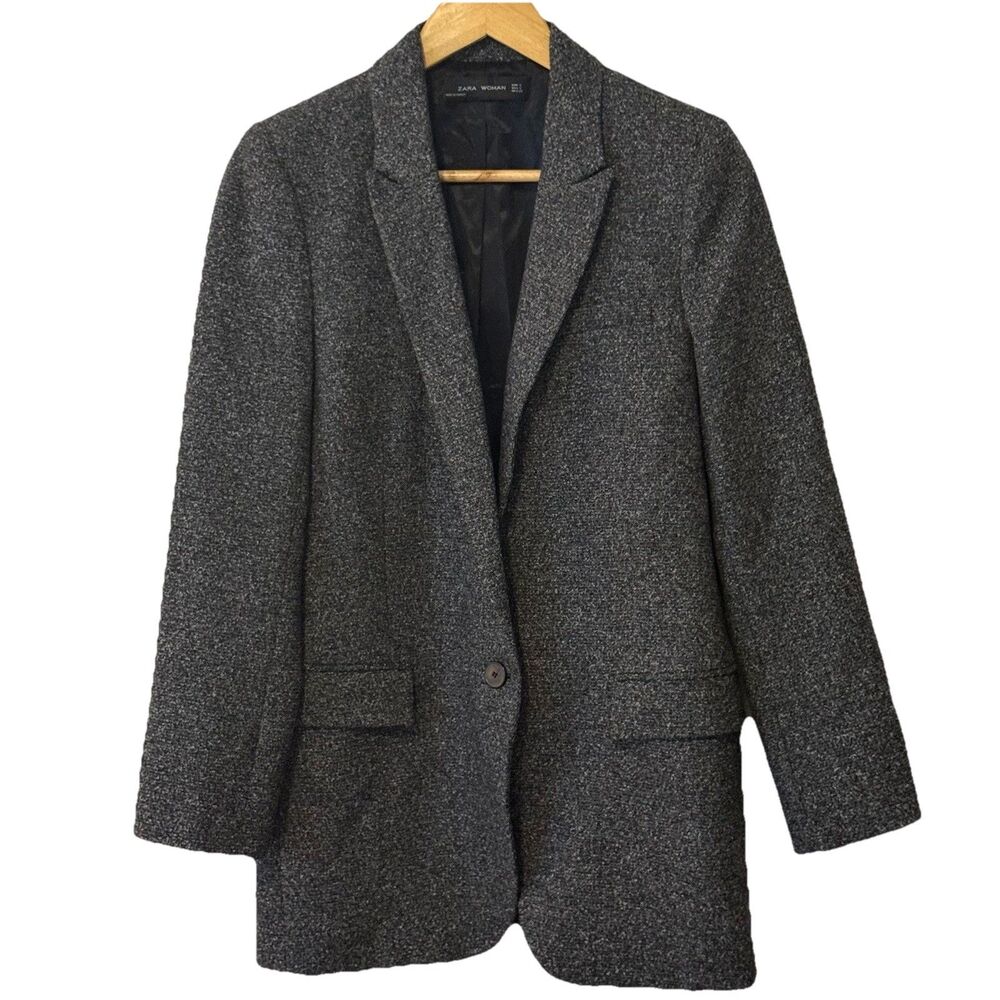 ZARA WOMAN Gray Black Speckled Tweed-Look Blazer Jacket Single Button Size Small